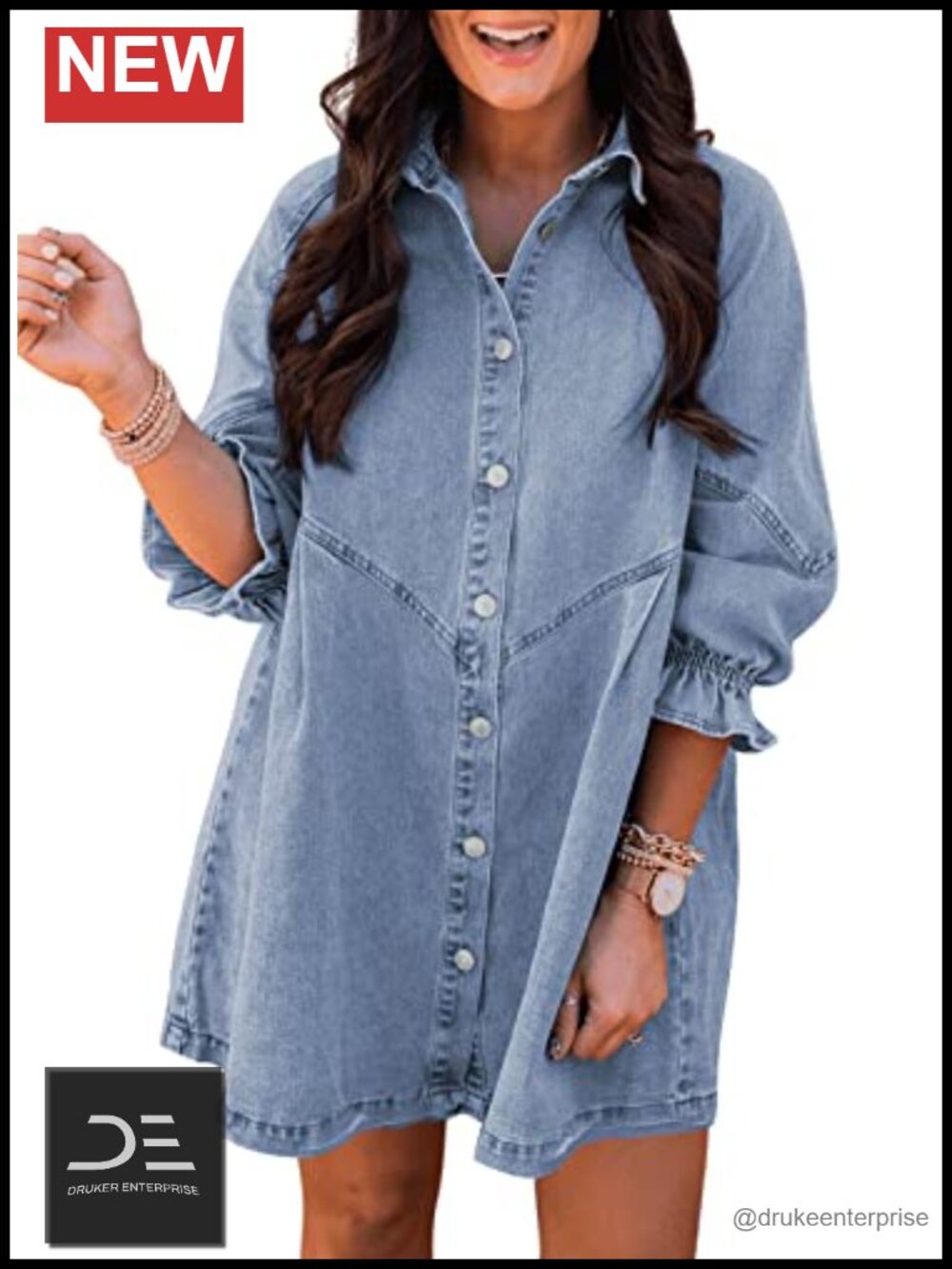 Smocked 3/4 Sleeve Button Down Denim Mini Dress Loose Fit Casual Summer